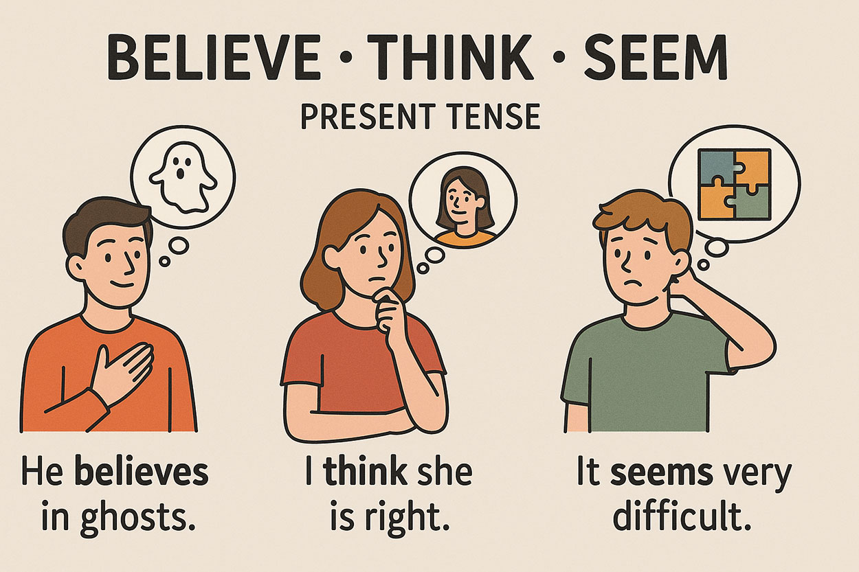 Believe, think, and seem. What tense do we use?